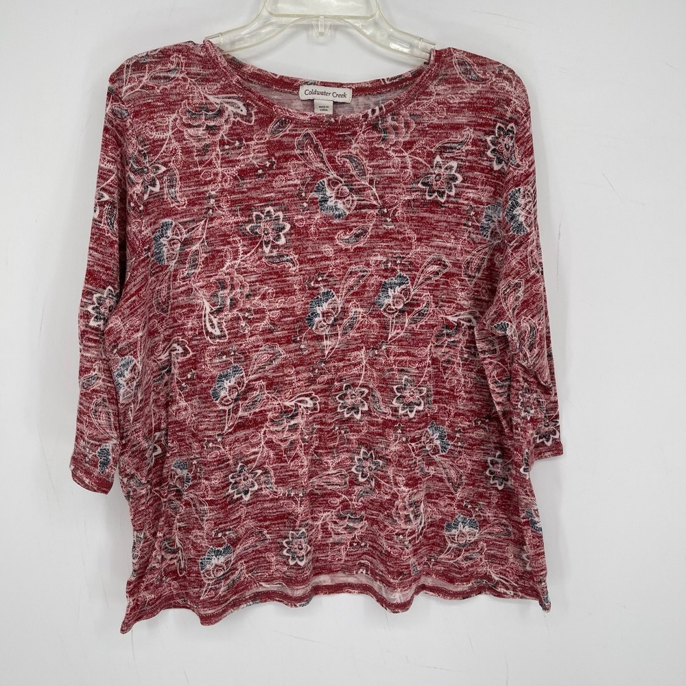 Coldwater Creek Women's Red Floral 3/4 Sleeve Knit Top Size Petite XL